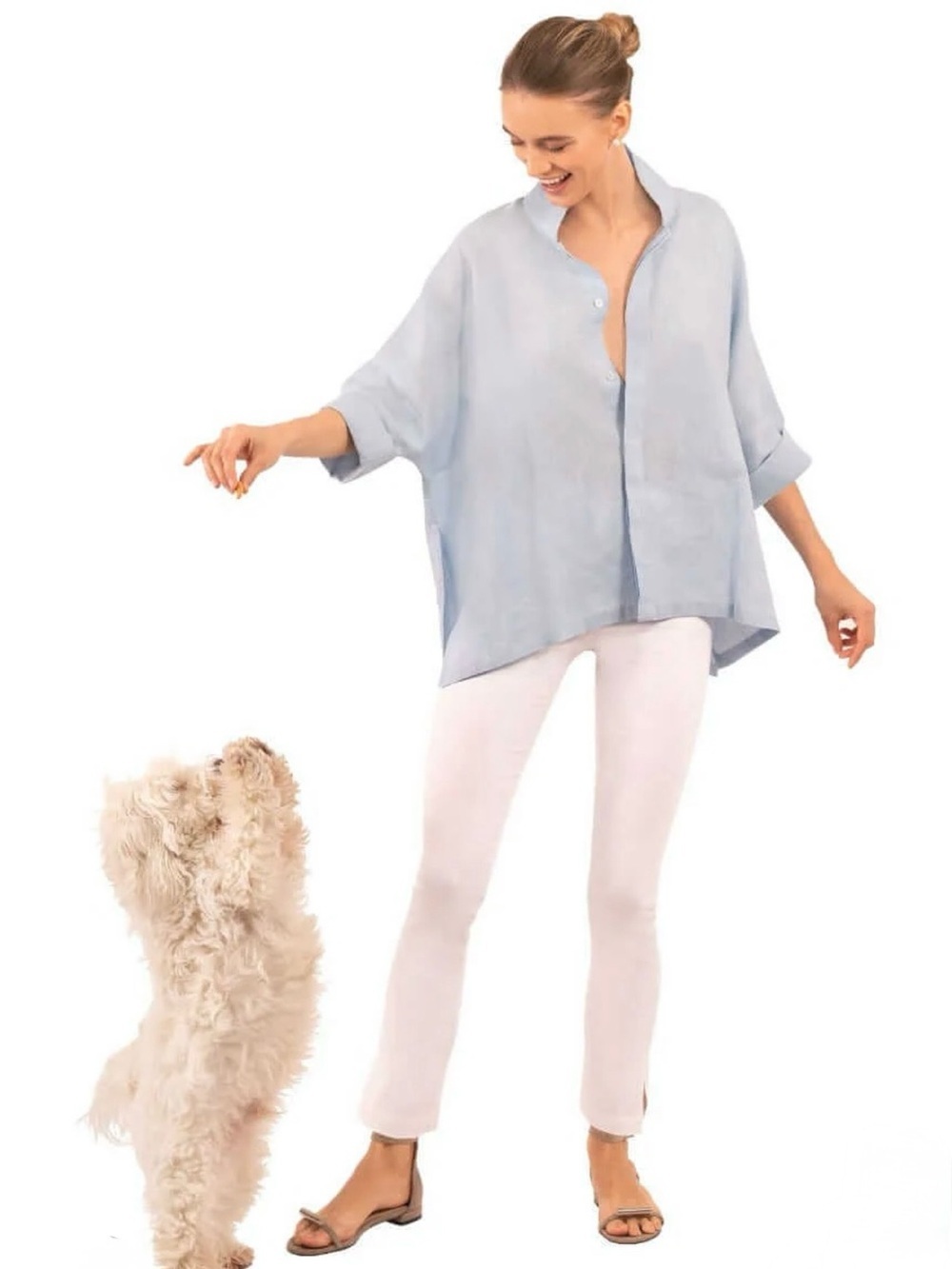 Gretchen Scott 100% Linen XL Little Lulu Blouse LaDiDa Light Blue Relaxed Tunic